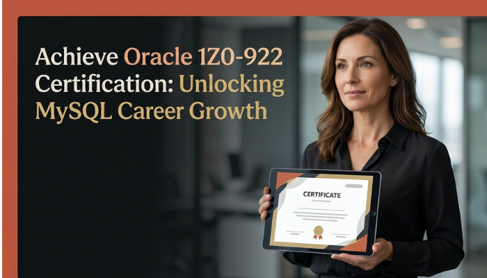 A woman receives a digital certification, symbolizing career growth and professional achievement after passing the Oracle 1Z0-922 exam.