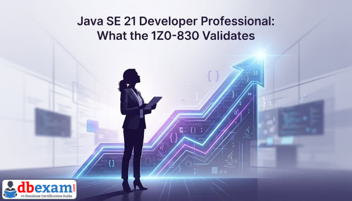 A silhouette of a female developer standing before an upward glowing digital pathway, symbolizing career advancement and validated skills from the Oracle 1Z0-830 certification.