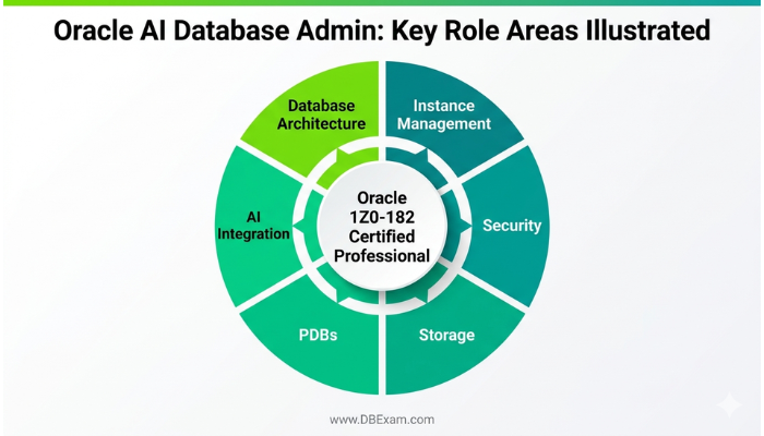 Infographic showing key role areas and validated capabilities for an Oracle AI Database Administration Associate, radiating from a central certification hub.