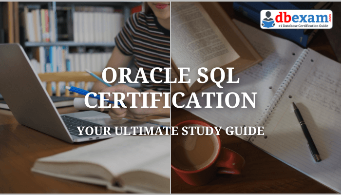 A professional studying for the Oracle SQL certification at a desk with a laptop, books, notebooks