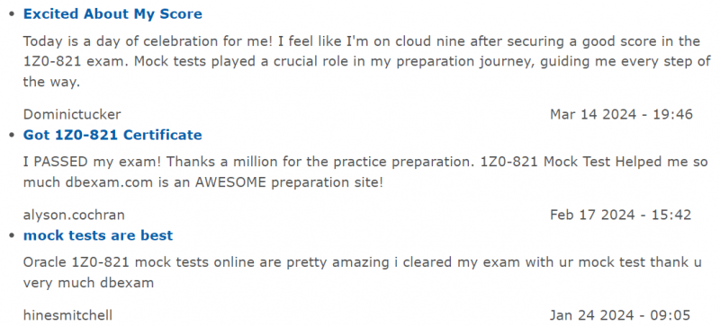 Testimonial: Snippet: Highly recommend for Oracle 1Z0-821 exam preparation.
